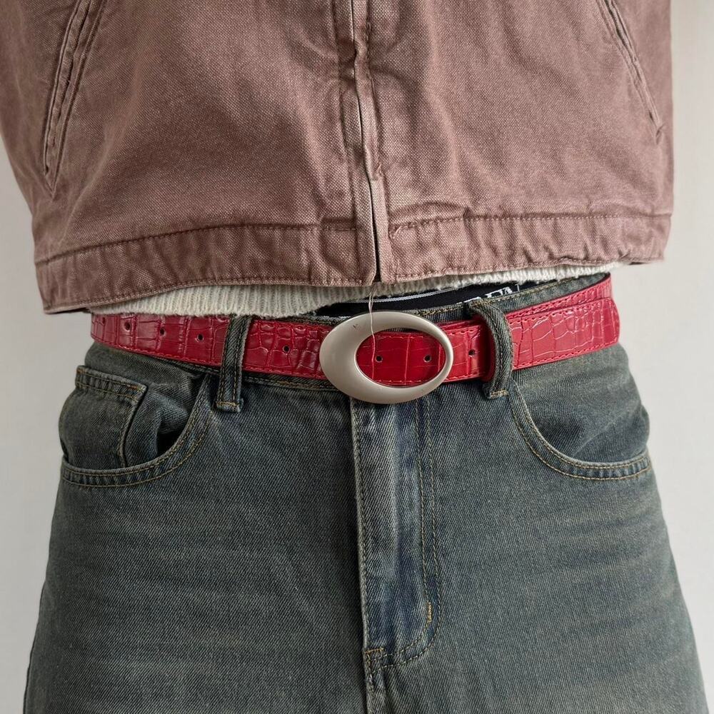 Red Croc-Embossed Oval Buckle Belt - Unbranded